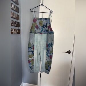 Monthorigin Overalls Womens Blue Floral Print Bibs Denim Distressed Crop